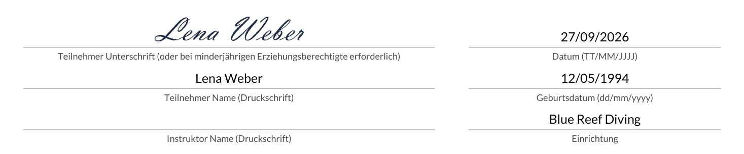 Unterschriftsblock eines amtlichen Tauchtauglichkeits-Bogens mit Unterschrift, Datum und Center