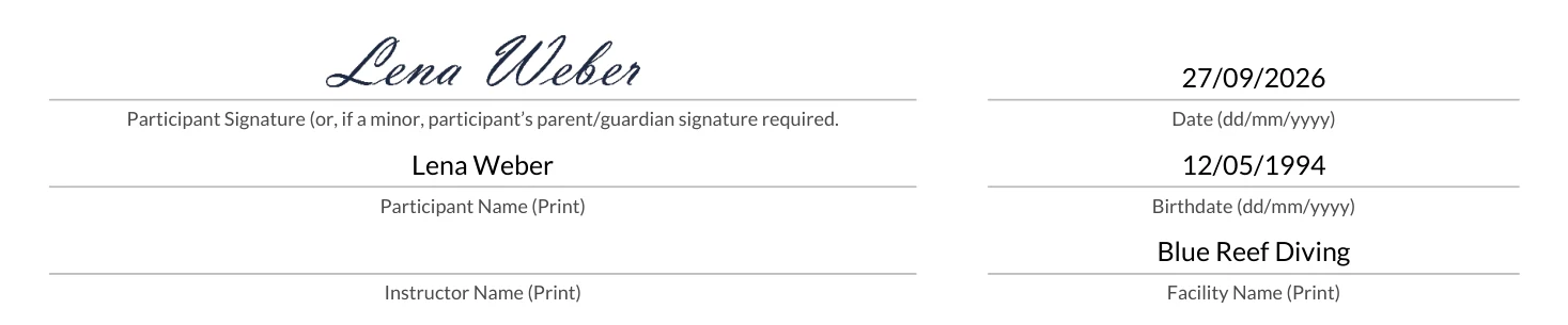 Signature block of an official dive medical form with signature, date and center